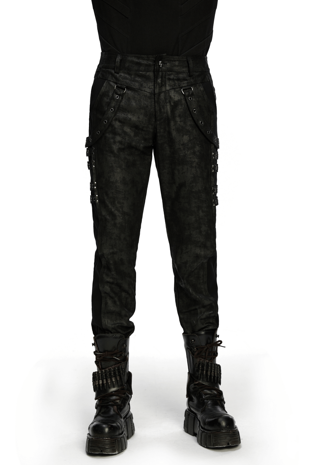 Black Distressed Twill Pants with Metal Eyelet Straps