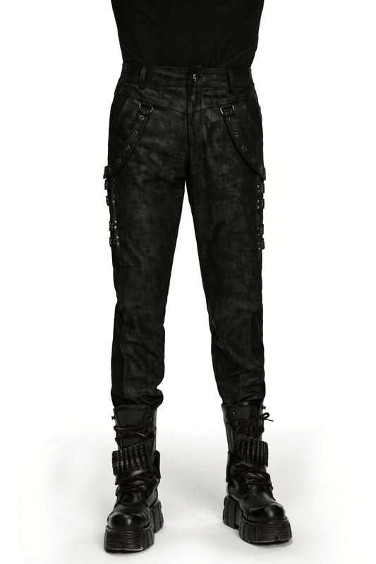 Black Distressed Twill Pants with Metal Eyelet Straps