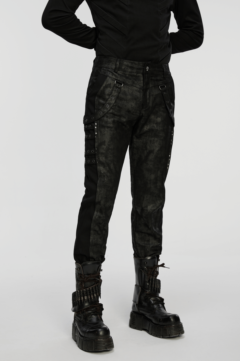 Black Distressed Twill Pants with Metal Eyelet Straps