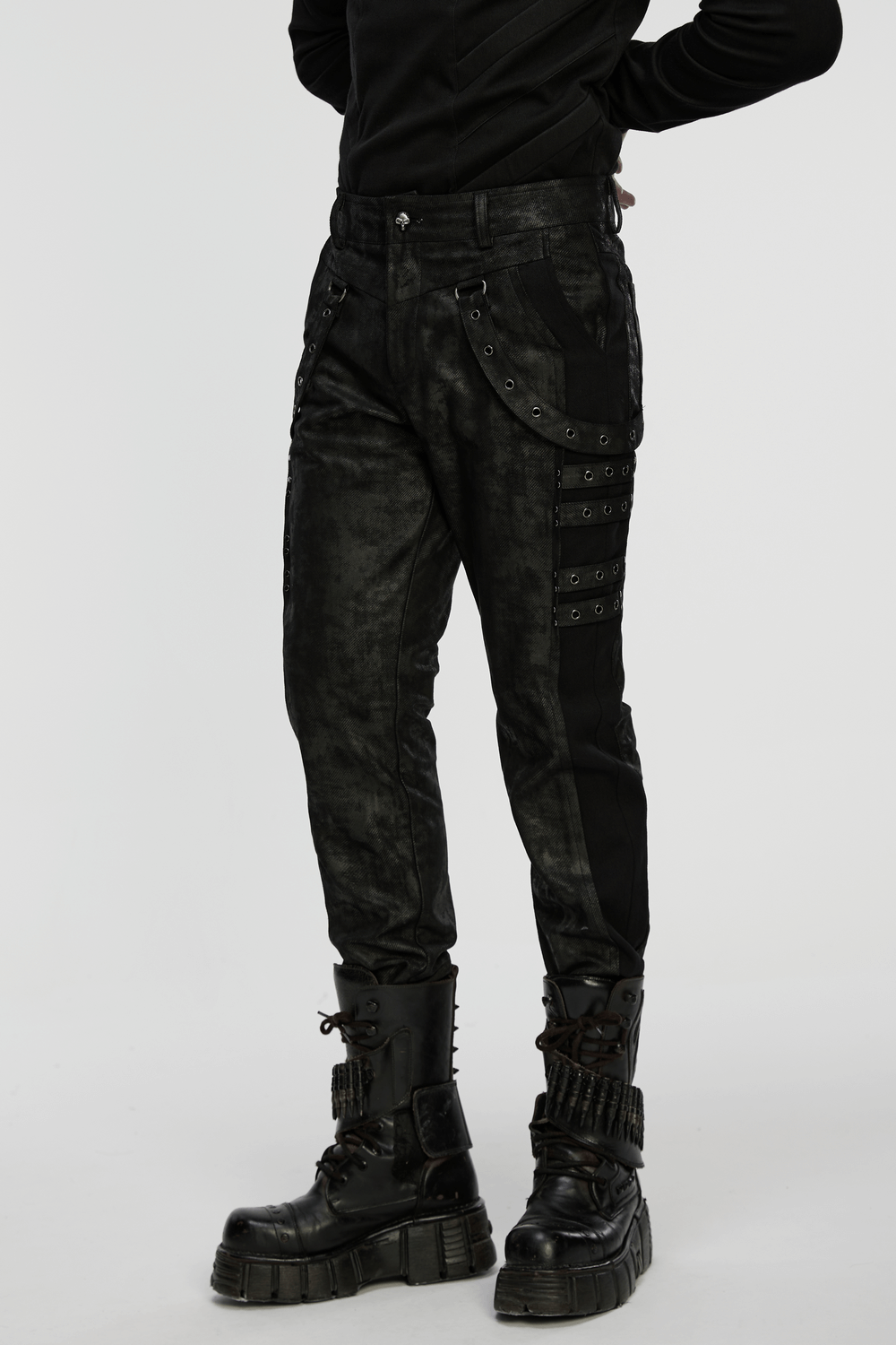 Black Distressed Twill Pants with Metal Eyelet Straps