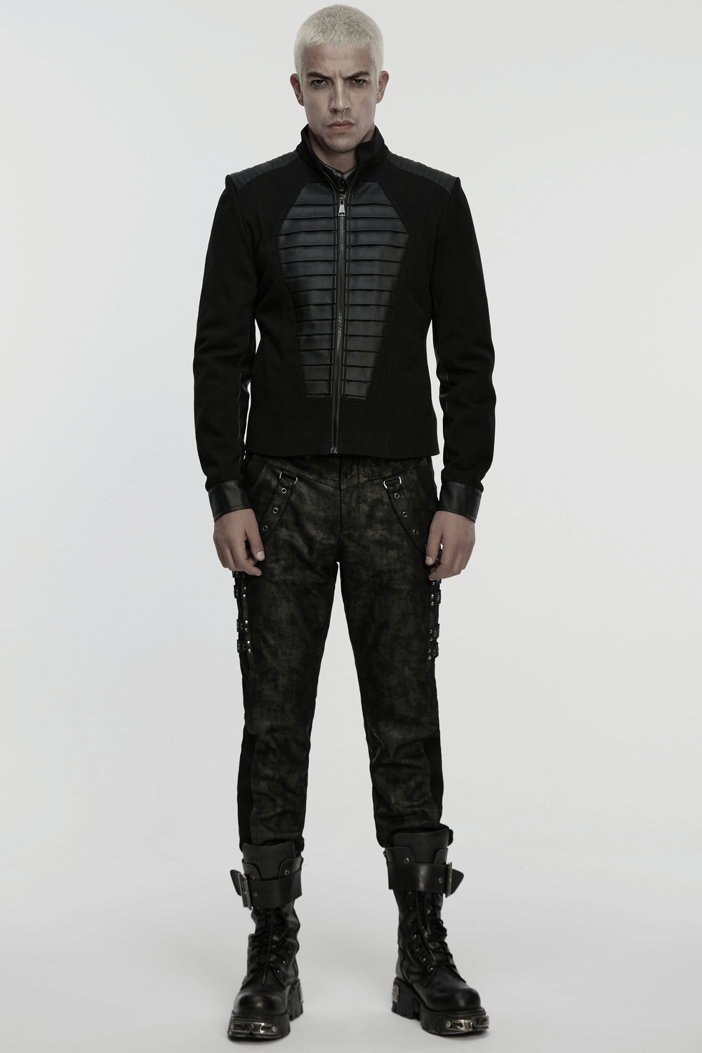 Black Distressed Twill Pants with Metal Eyelet Straps