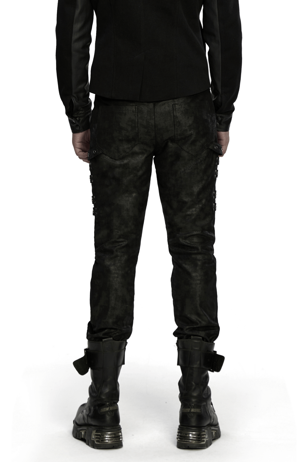 Black Distressed Twill Pants with Metal Eyelet Straps