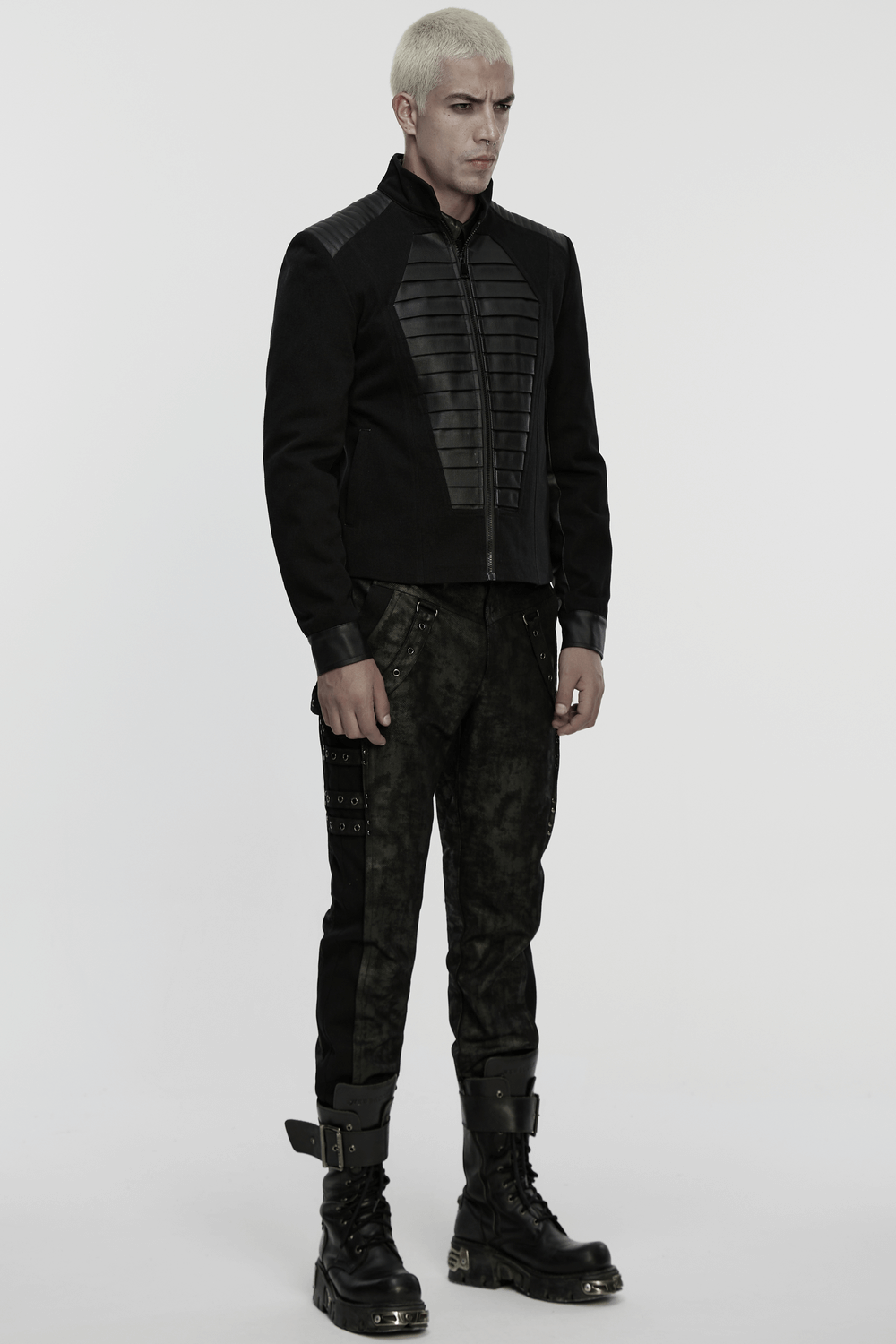 Black Distressed Twill Pants with Metal Eyelet Straps
