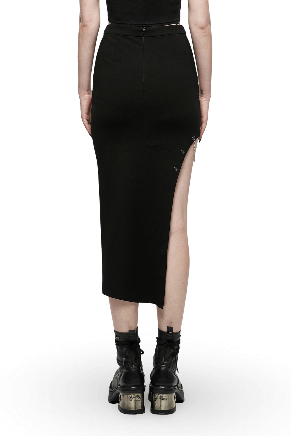 Black Dragon Print Asymmetric Skirt with Chains