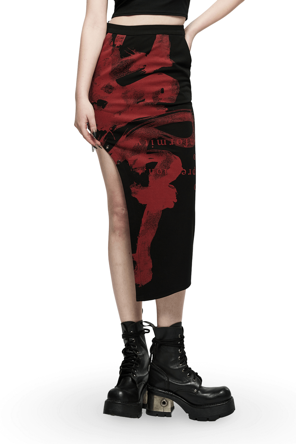 Black Dragon Print Asymmetric Skirt with Chains