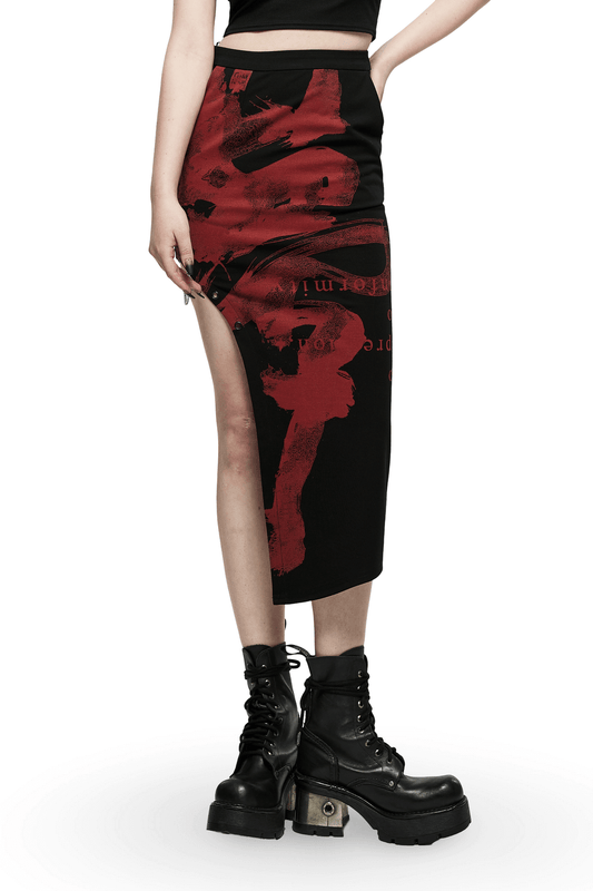 Black Dragon Print Asymmetric Skirt with Chains