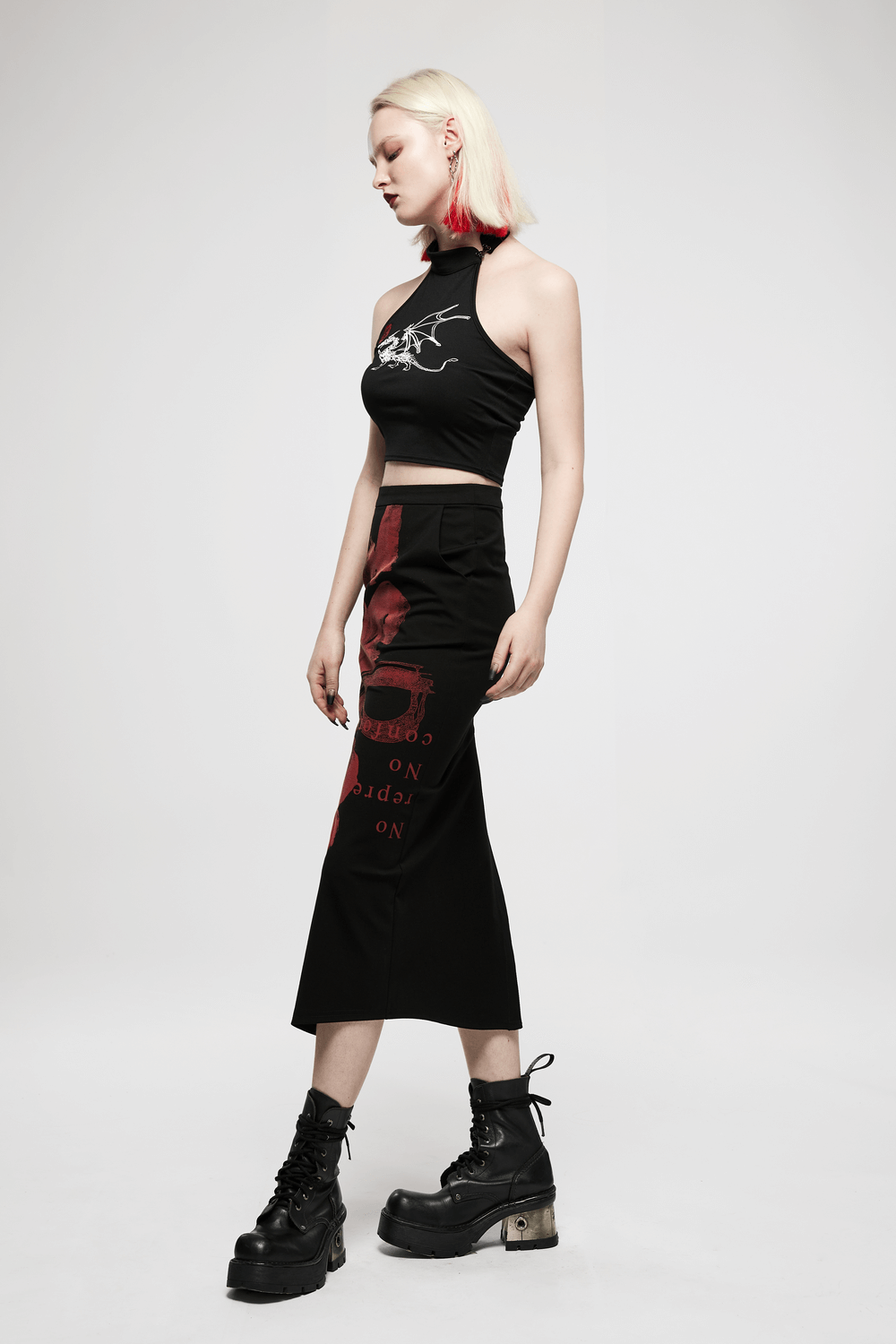 Black Dragon Print Asymmetric Skirt with Chains