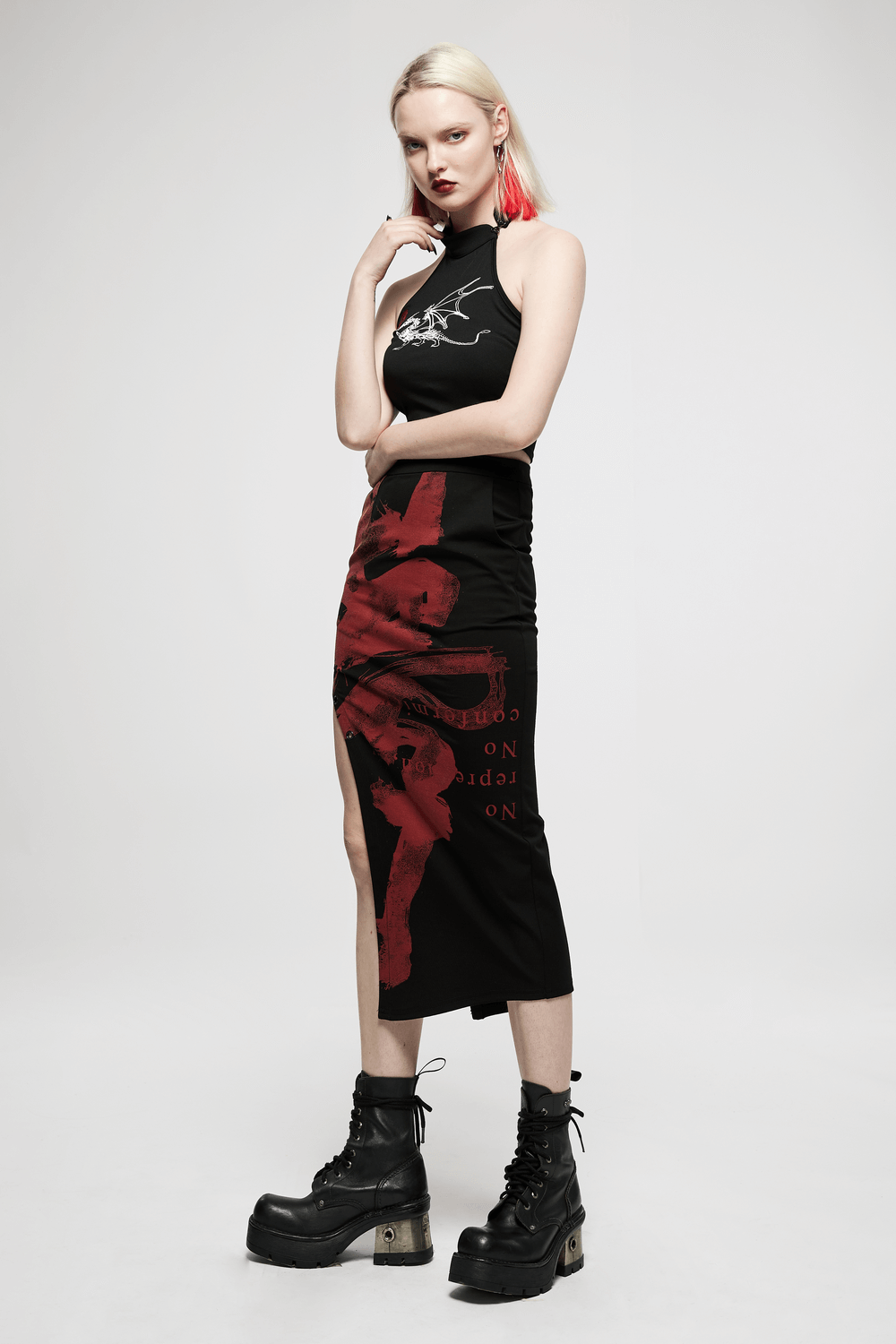 Black Dragon Print Asymmetric Skirt with Chains