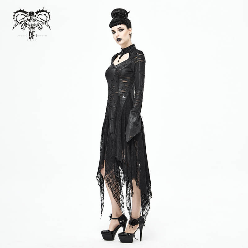 Black 'Dragon Spine' Gothic Dress / Women's Dark Shadow Long Sleeve Irregular Hem Dress