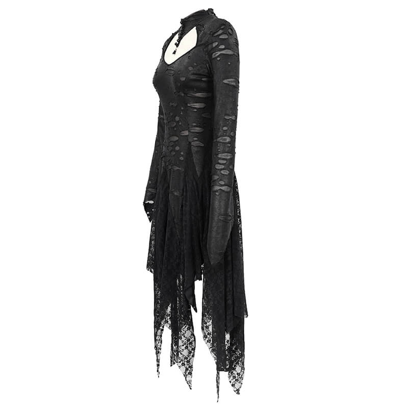 Black 'Dragon Spine' Gothic Dress / Women's Dark Shadow Long Sleeve Irregular Hem Dress