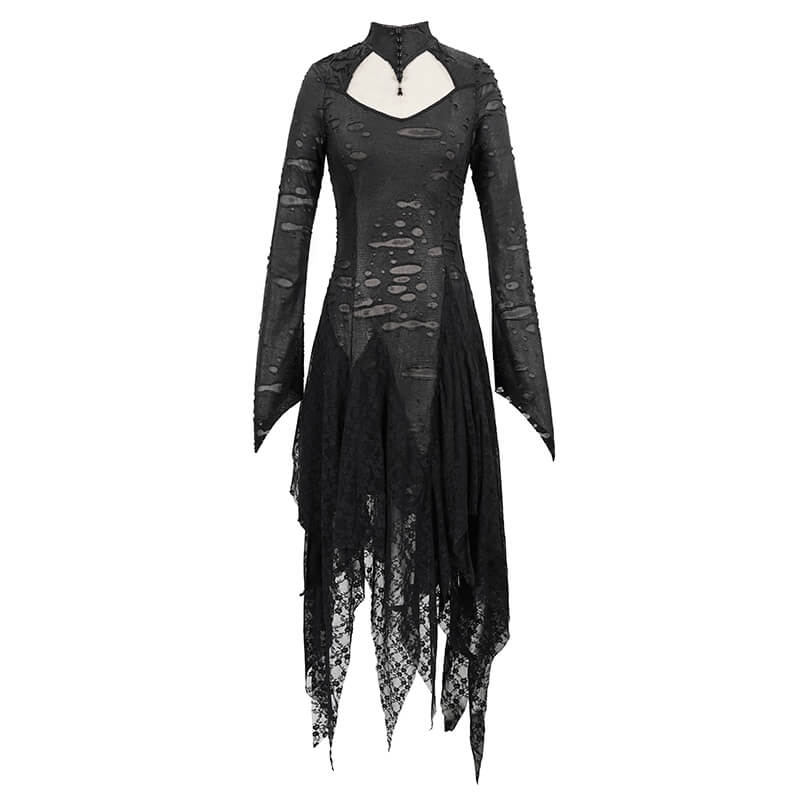Black 'Dragon Spine' Gothic Dress / Women's Dark Shadow Long Sleeve Irregular Hem Dress
