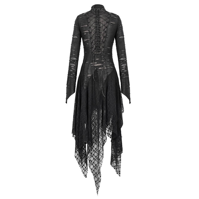 Black 'Dragon Spine' Gothic Dress / Women's Dark Shadow Long Sleeve Irregular Hem Dress