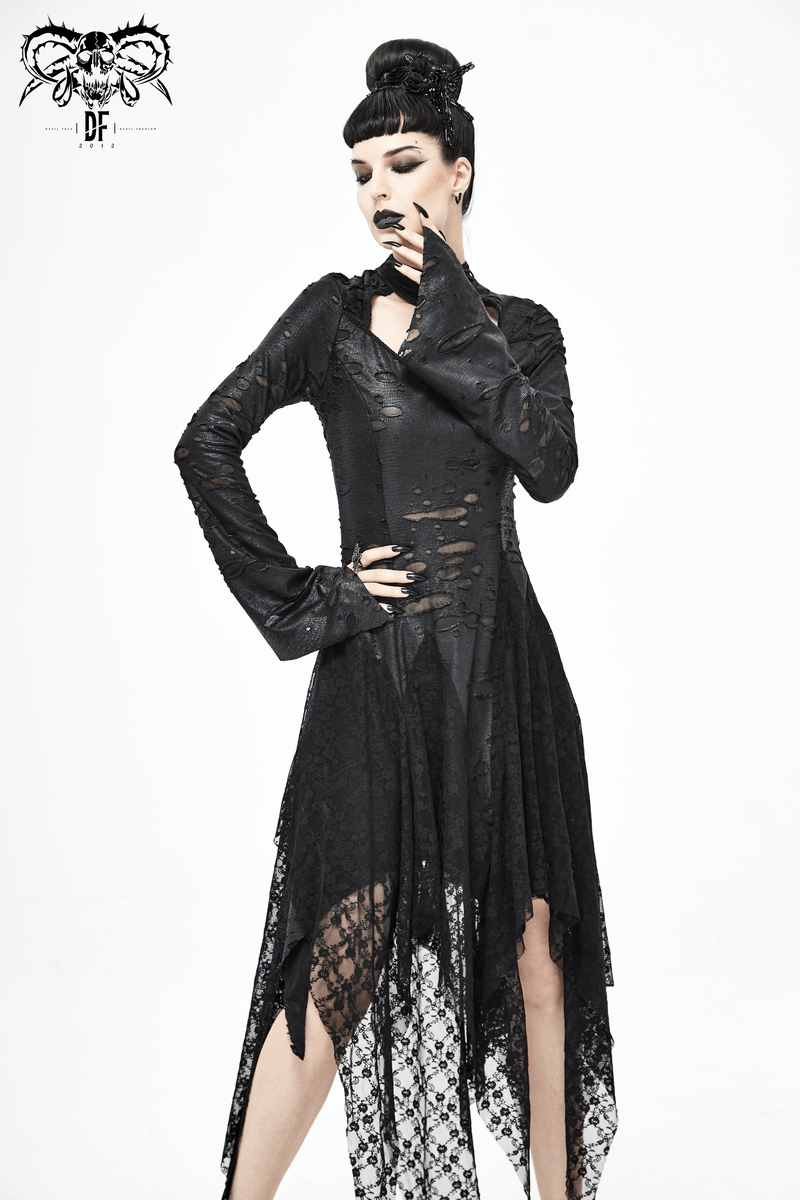 Black 'Dragon Spine' Gothic Dress / Women's Dark Shadow Long Sleeve Irregular Hem Dress