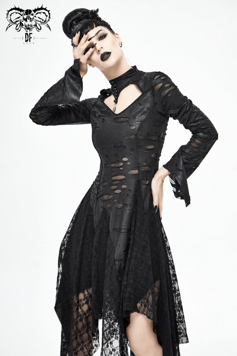 Black 'Dragon Spine' Gothic Dress / Women's Dark Shadow Long Sleeve Irregular Hem Dress