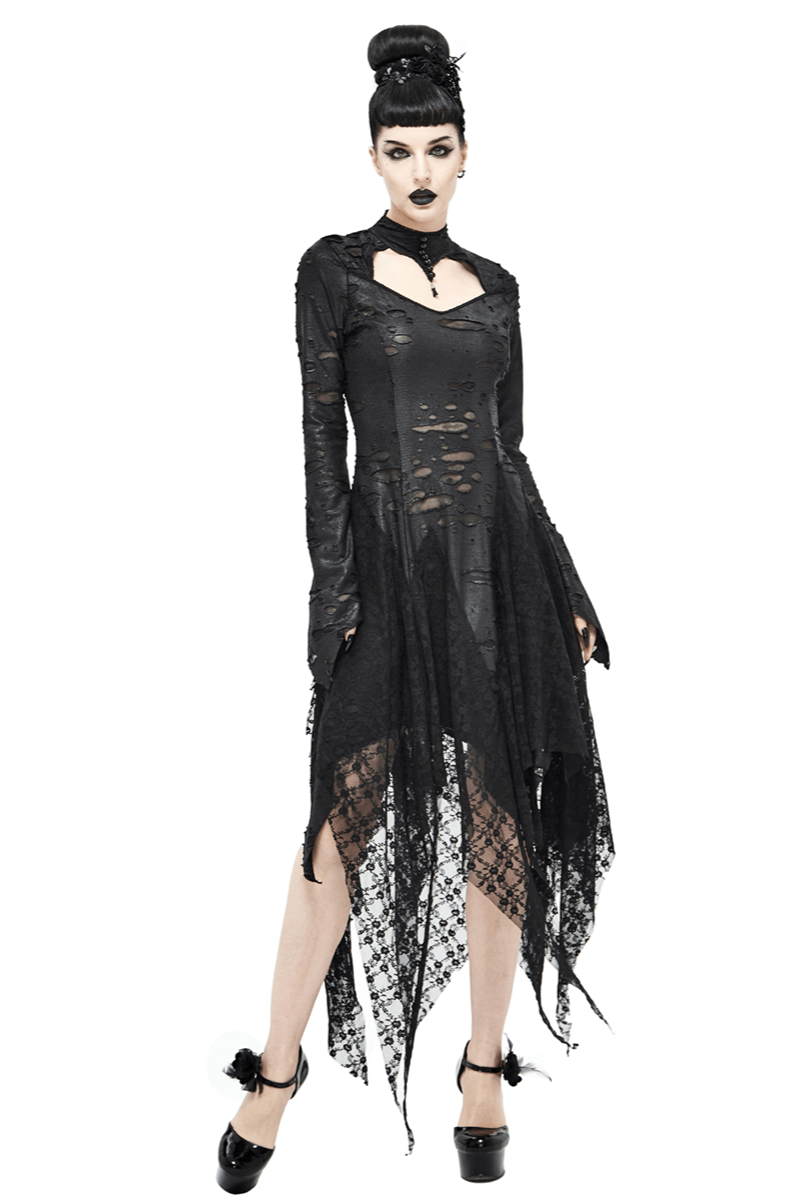 Black 'Dragon Spine' Gothic Dress / Women's Dark Shadow Long Sleeve Irregular Hem Dress