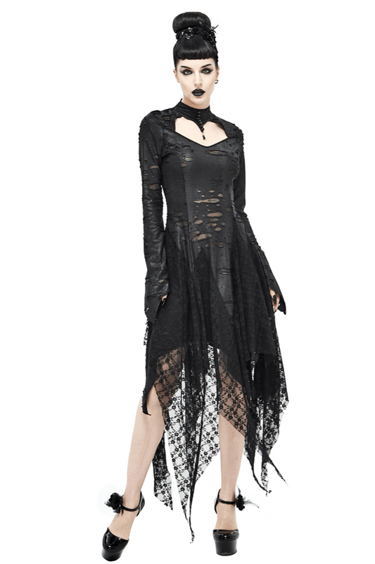 Black 'Dragon Spine' Gothic Dress / Women's Dark Shadow Long Sleeve Irregular Hem Dress