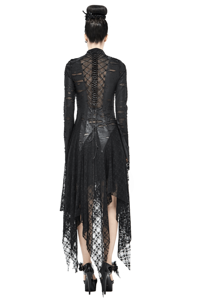 Black 'Dragon Spine' Gothic Dress / Women's Dark Shadow Long Sleeve Irregular Hem Dress