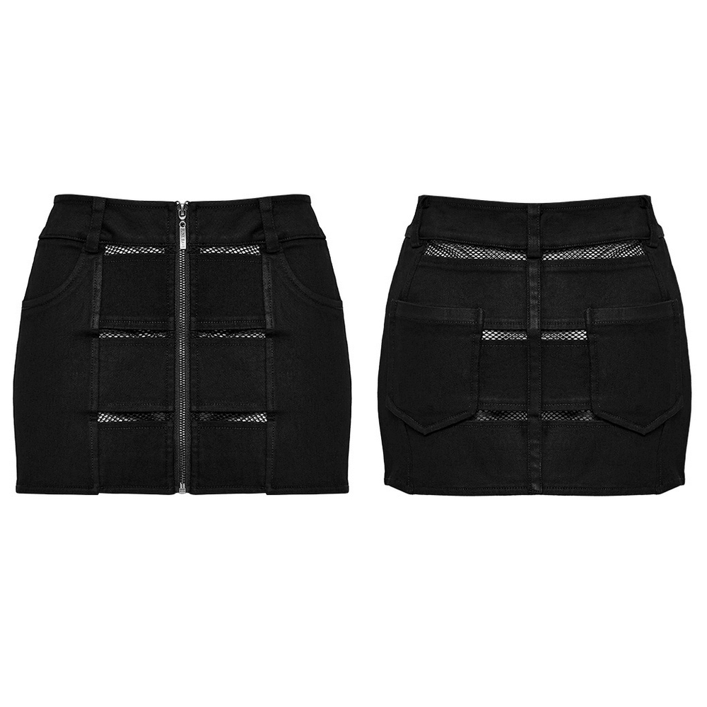 Black Edgy Elastic Denim Mini Skirt with Mesh Panels