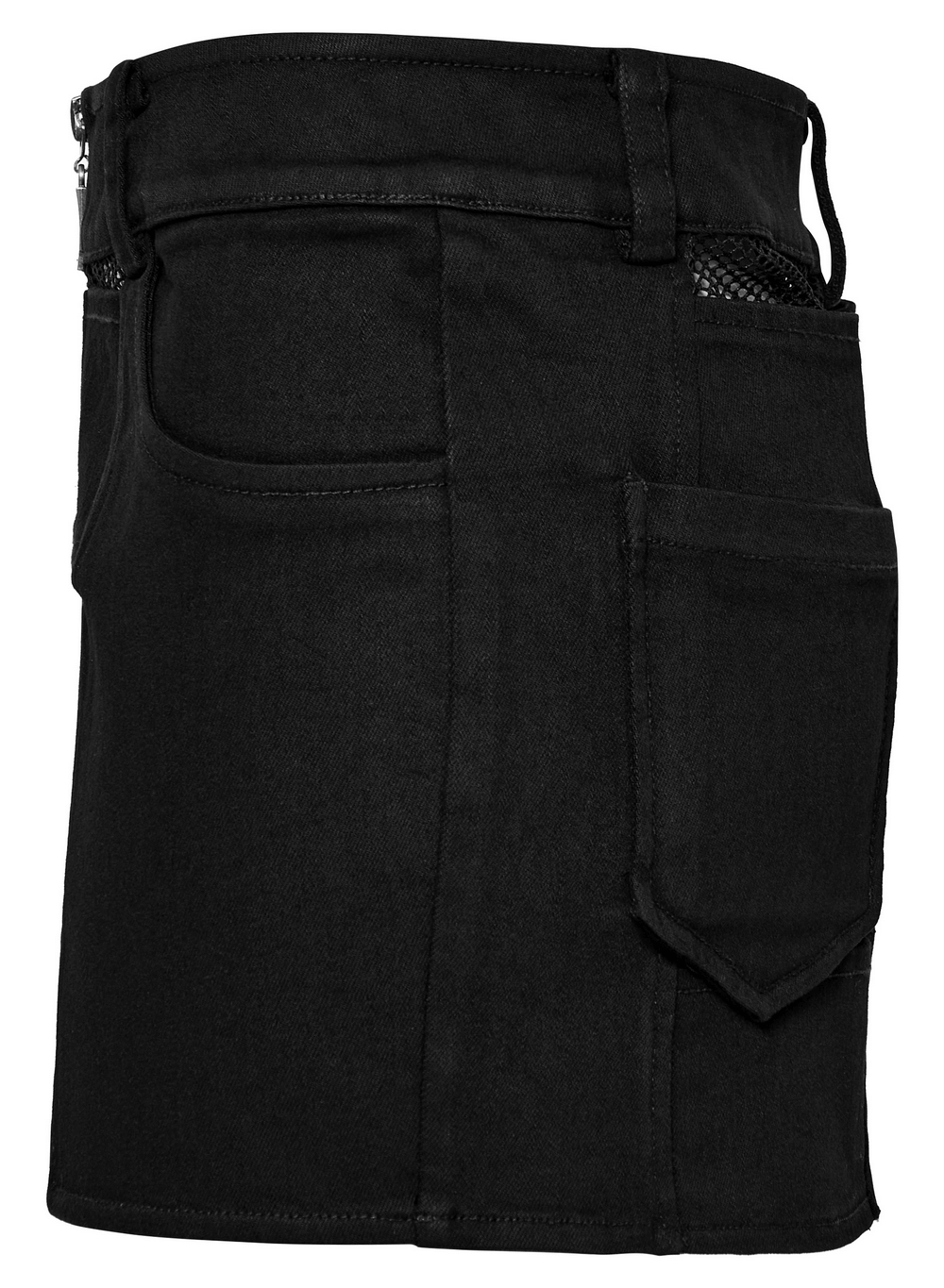 Black Edgy Elastic Denim Mini Skirt with Mesh Panels