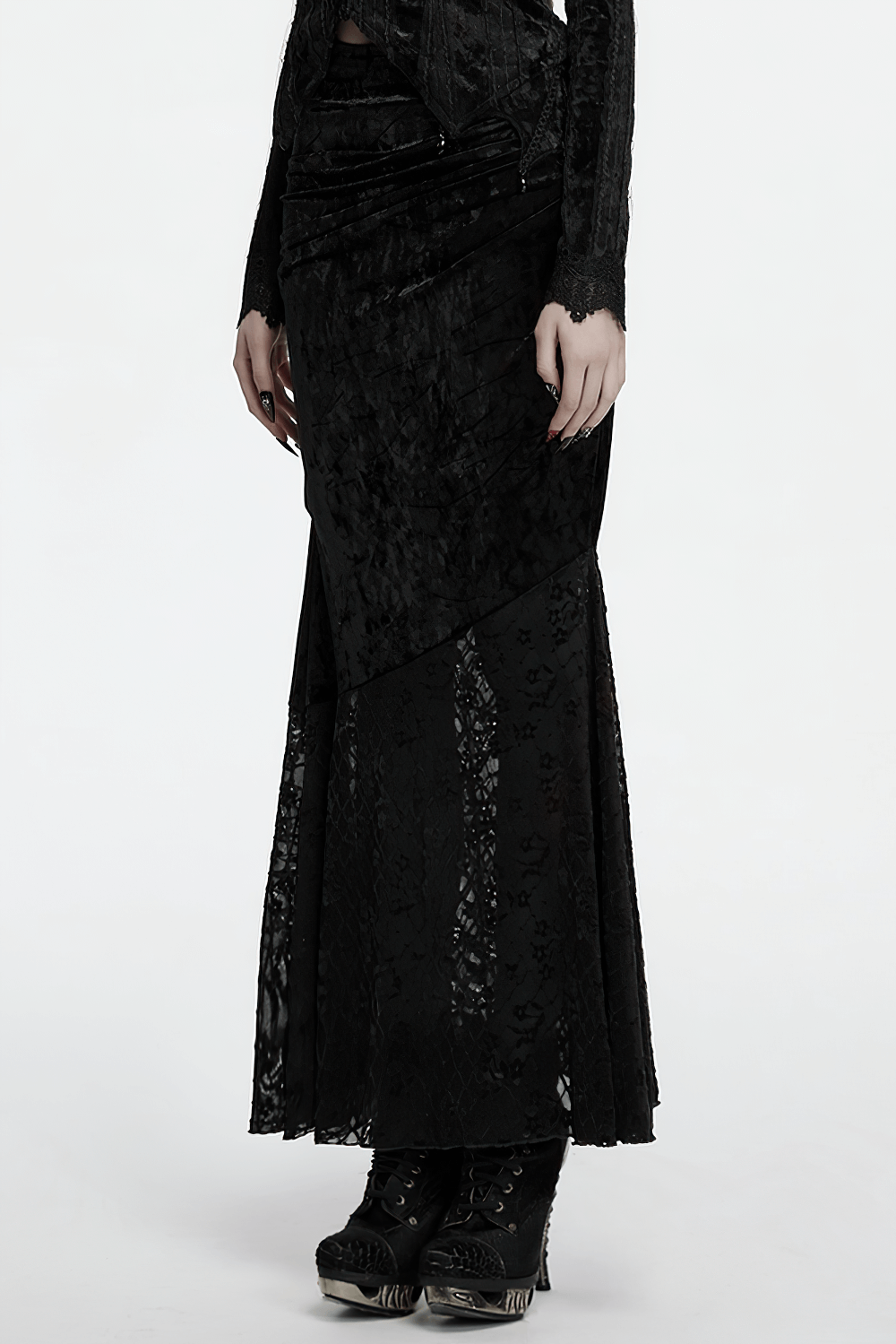 Black Elegant Lace Asymmetrical Skirt with Fishtail Design