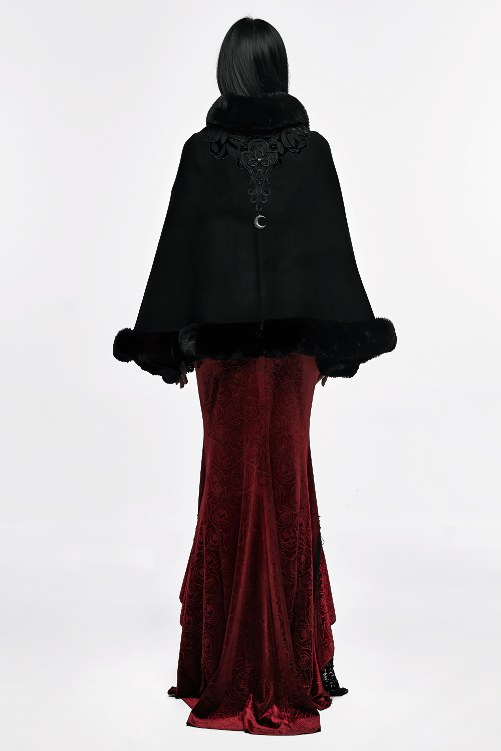 Black Faux Fur Trim Gothic Cape with Moon Detail