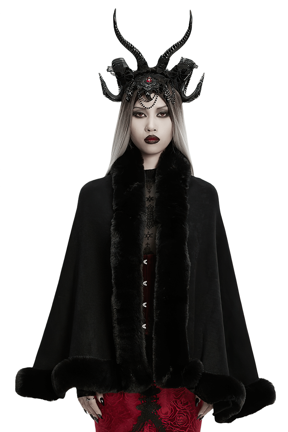 Black Faux Fur Trim Gothic Cape with Moon Detail