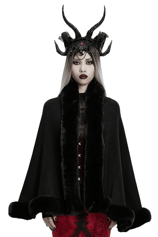 Black Faux Fur Trim Gothic Cape with Moon Detail