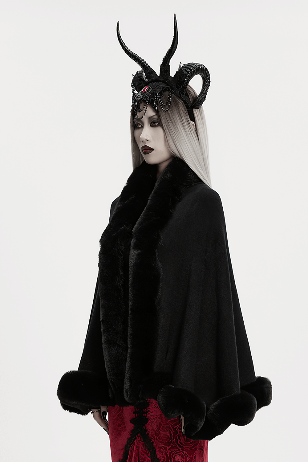 Black Faux Fur Trim Gothic Cape with Moon Detail