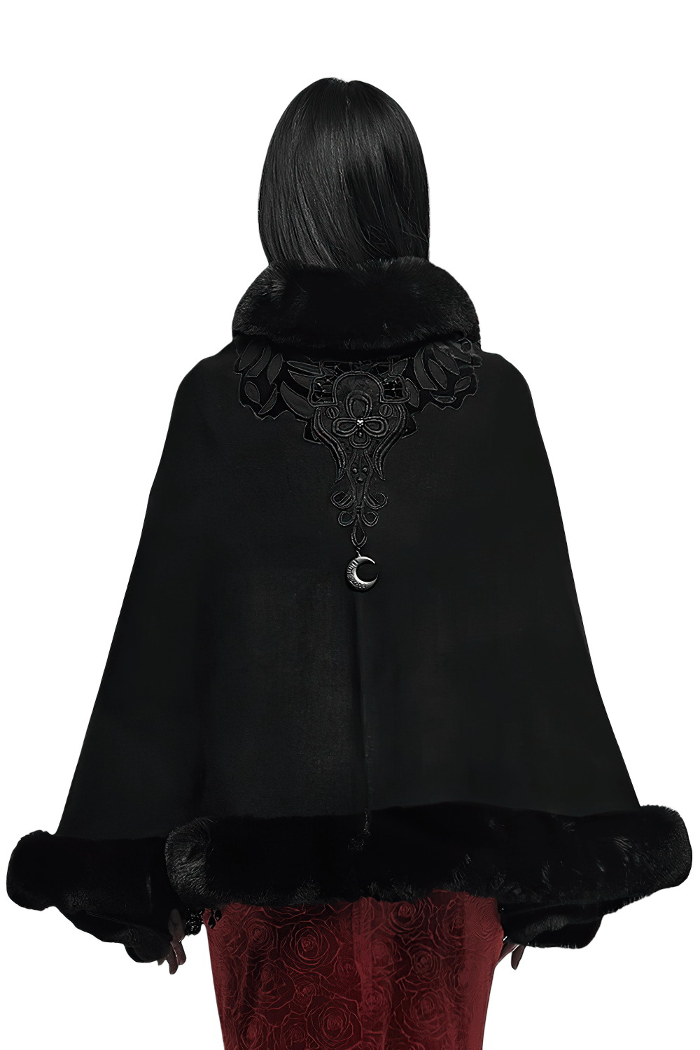 Black Faux Fur Trim Gothic Cape with Moon Detail