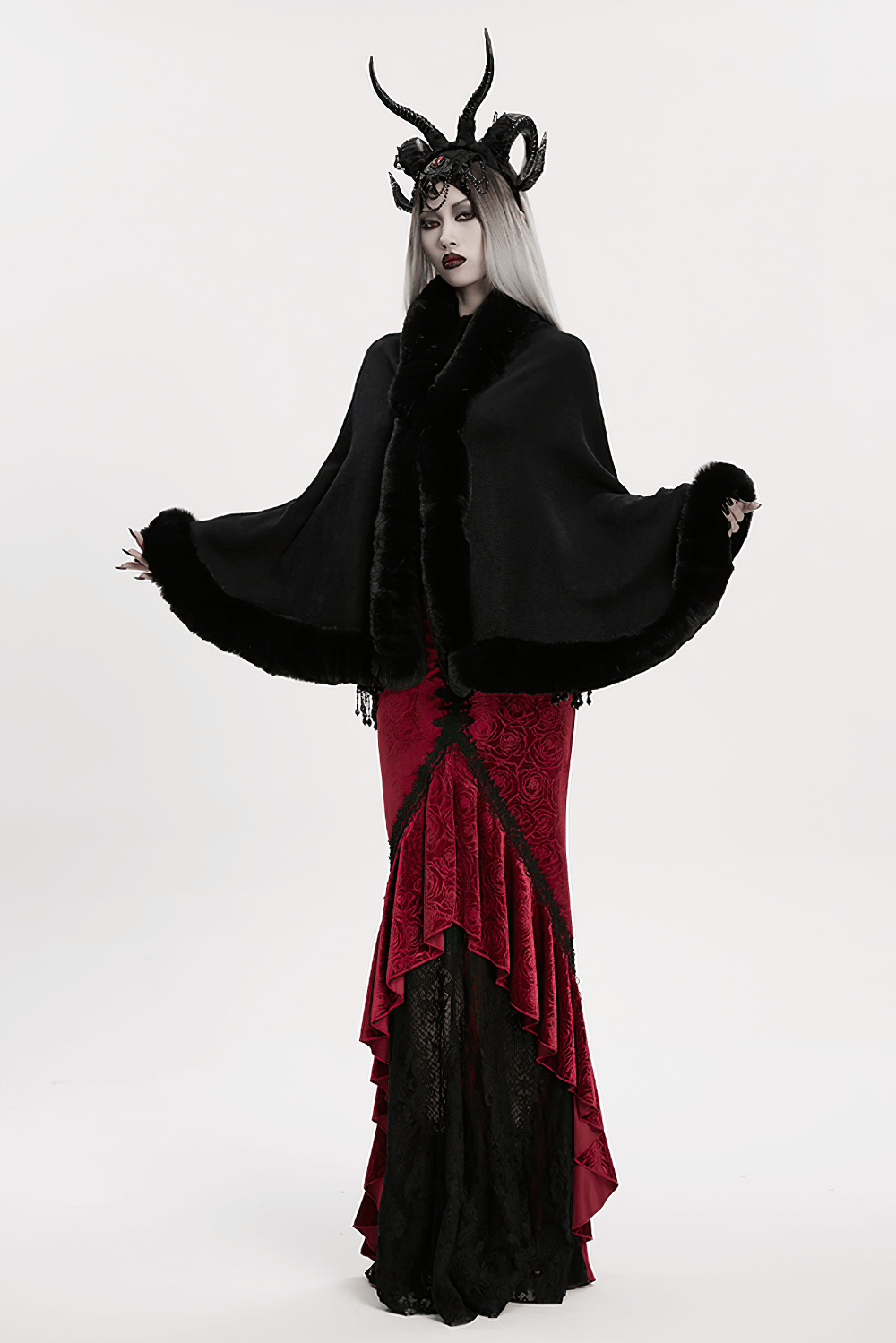 Black Faux Fur Trim Gothic Cape with Moon Detail