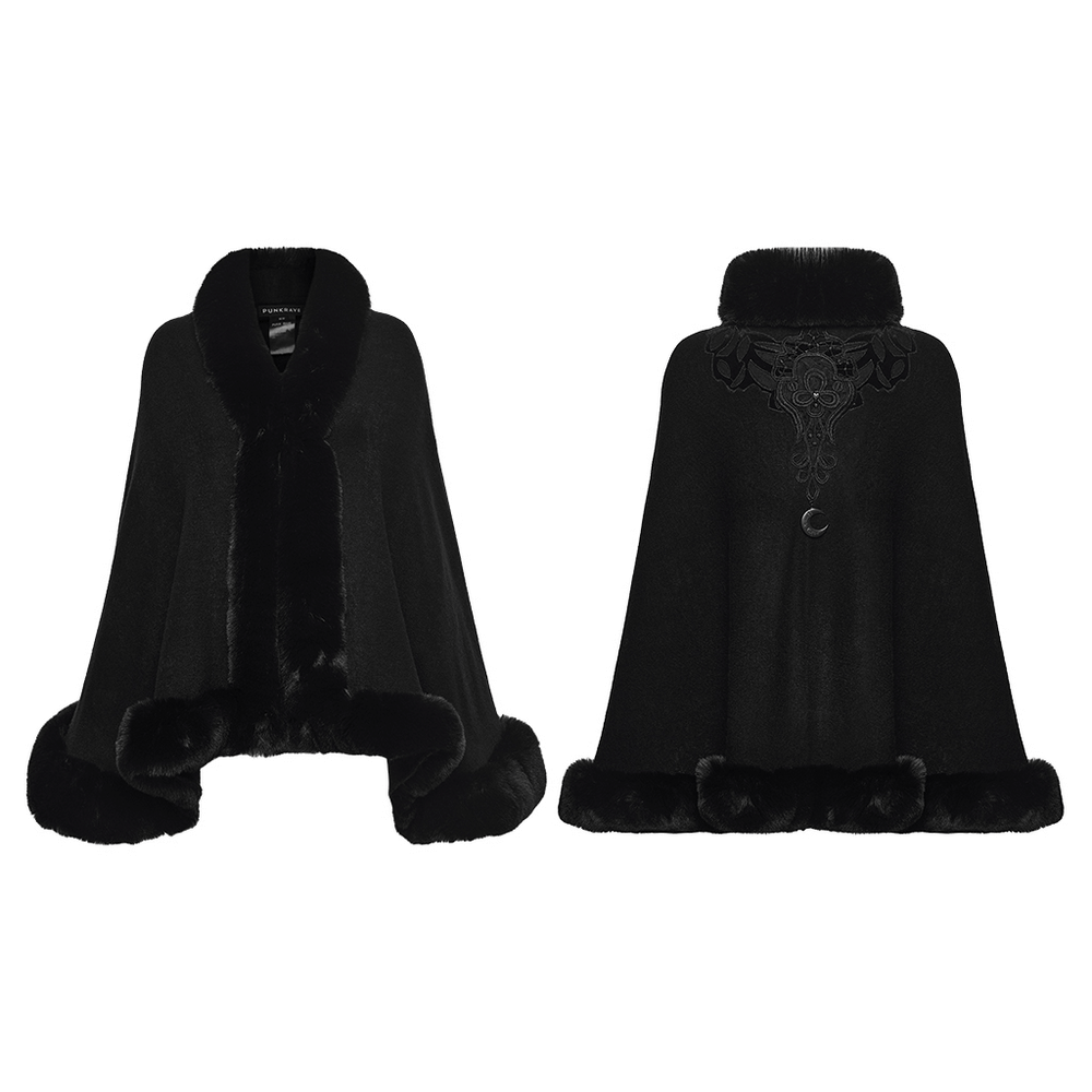 Black Faux Fur Trim Gothic Cape with Moon Detail