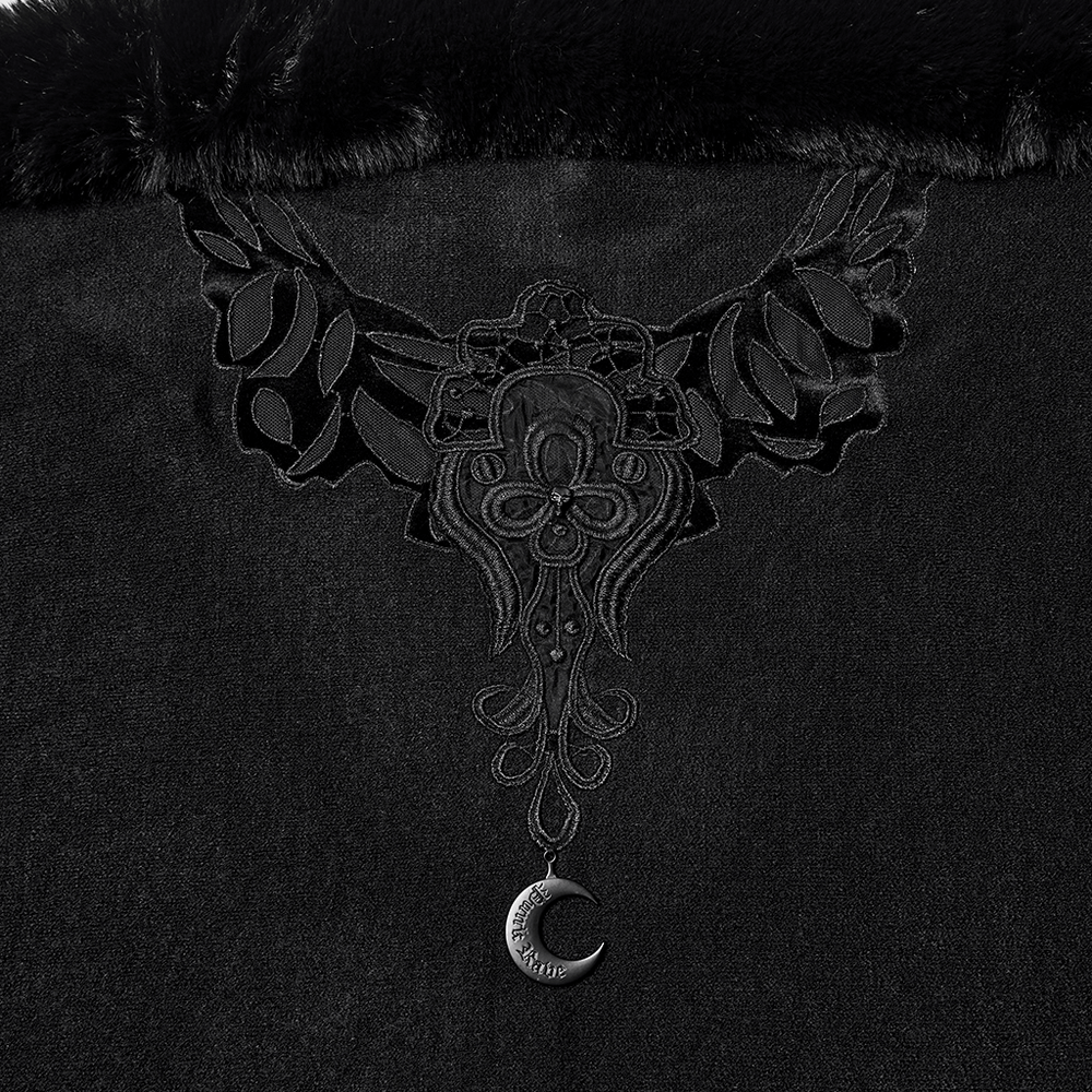 Black Faux Fur Trim Gothic Cape with Moon Detail