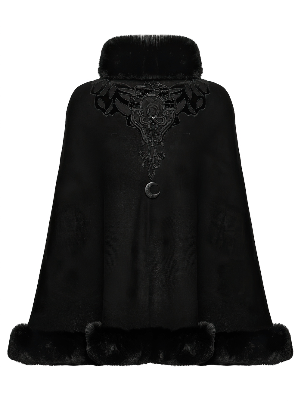 Black Faux Fur Trim Gothic Cape with Moon Detail