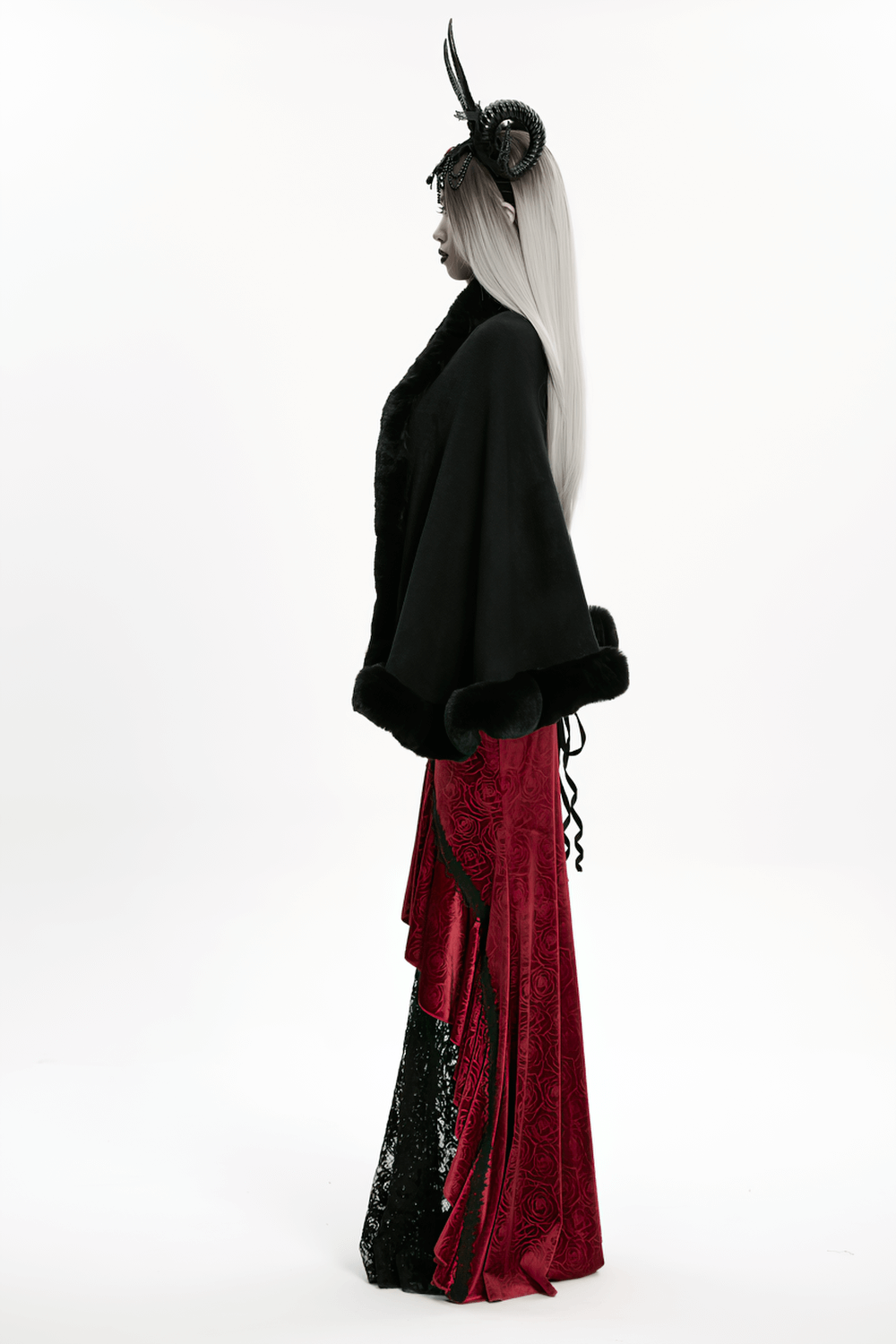 Black Faux Fur Trim Gothic Cape with Moon Detail