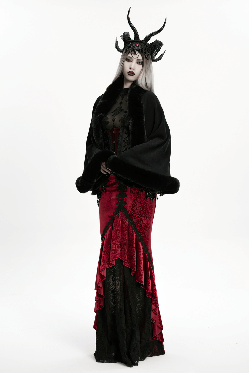 Black Faux Fur Trim Gothic Cape with Moon Detail
