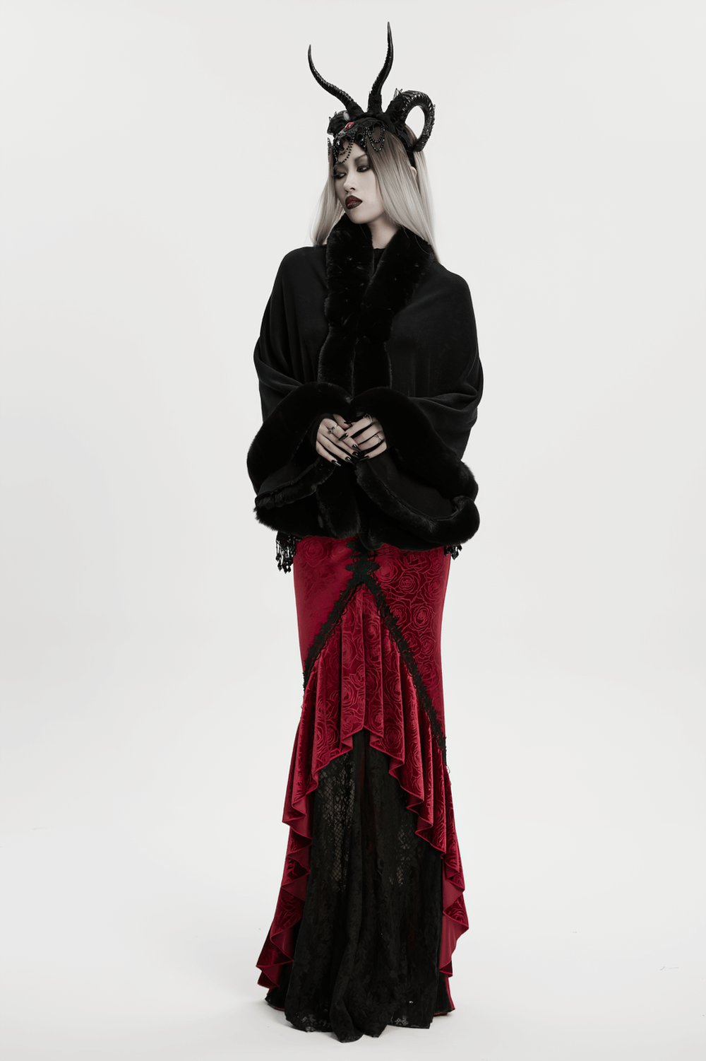 Black Faux Fur Trim Gothic Cape with Moon Detail