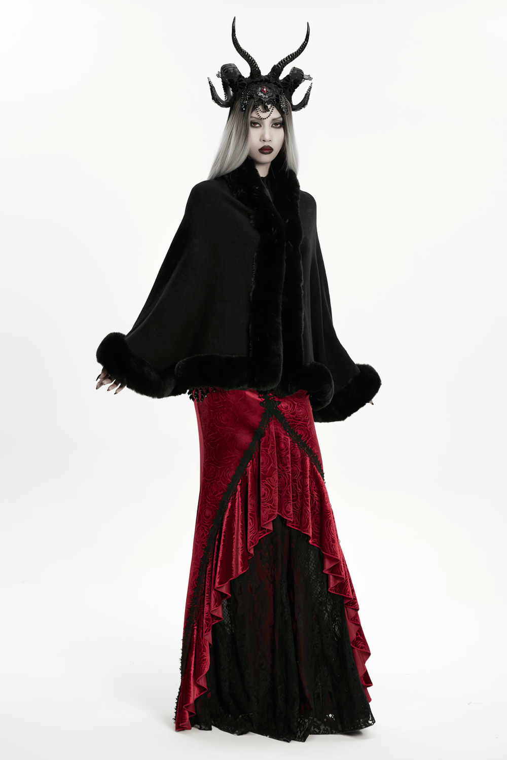 Black Faux Fur Trim Gothic Cape with Moon Detail