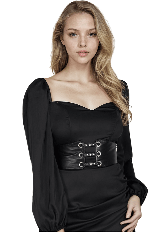 Black Faux Leather Corset Belt With Lace-up Back