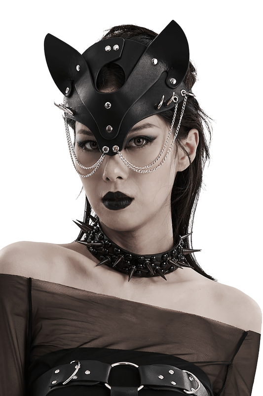 Black Faux Leather Fox Mask with Studs and Chains