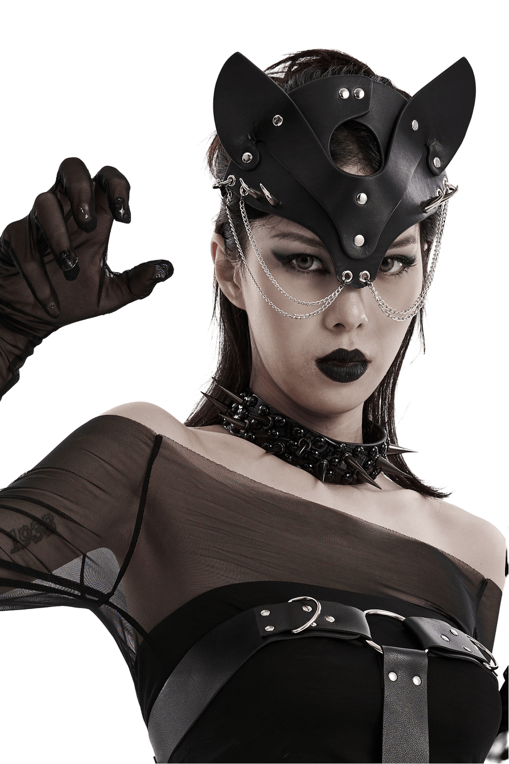 Black Faux Leather Fox Mask with Studs and Chains