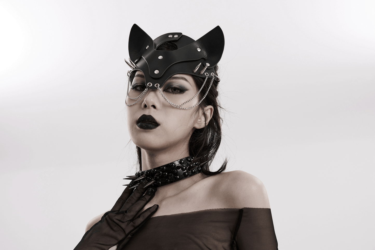 Black Faux Leather Fox Mask with Studs and Chains