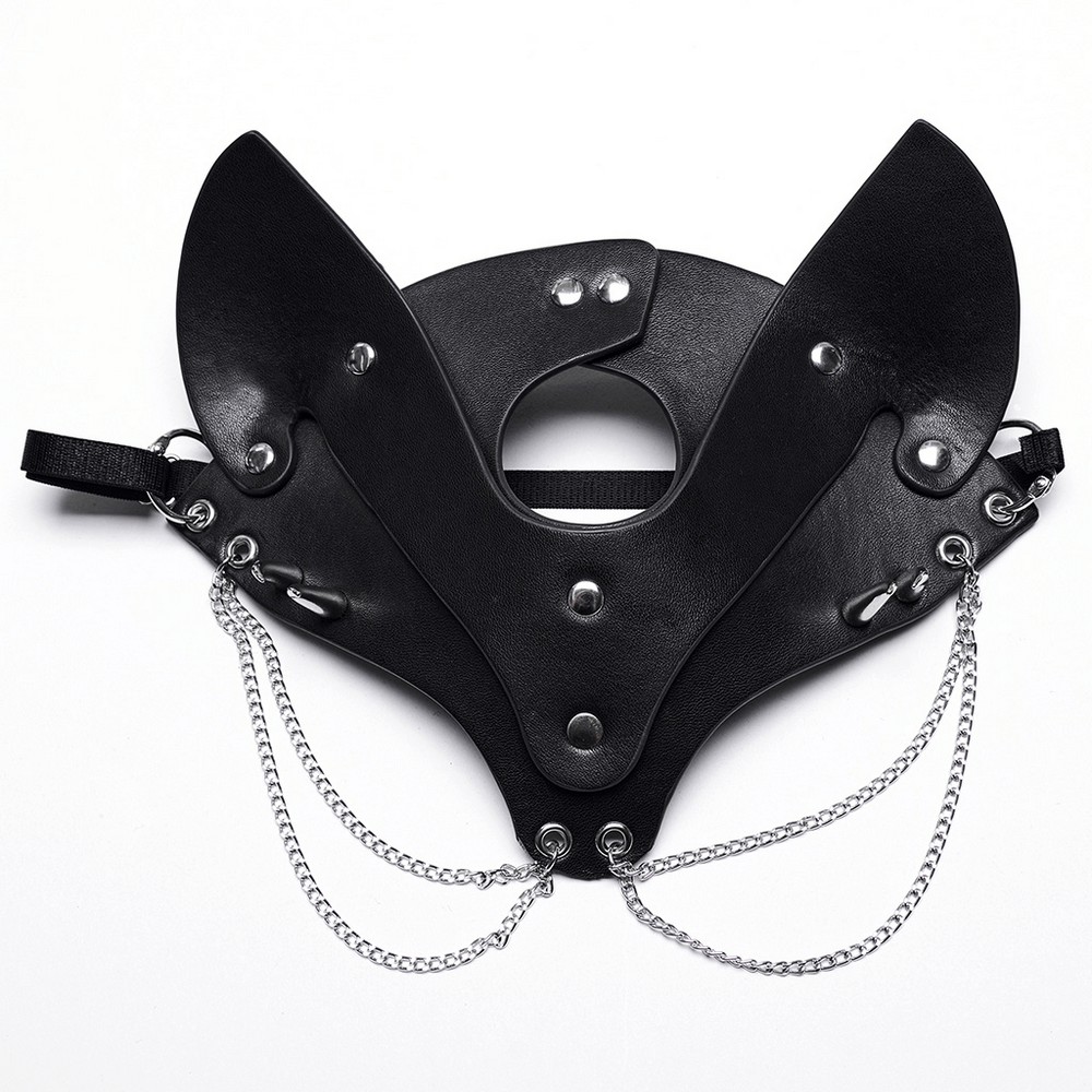 Black Faux Leather Fox Mask with Studs and Chains
