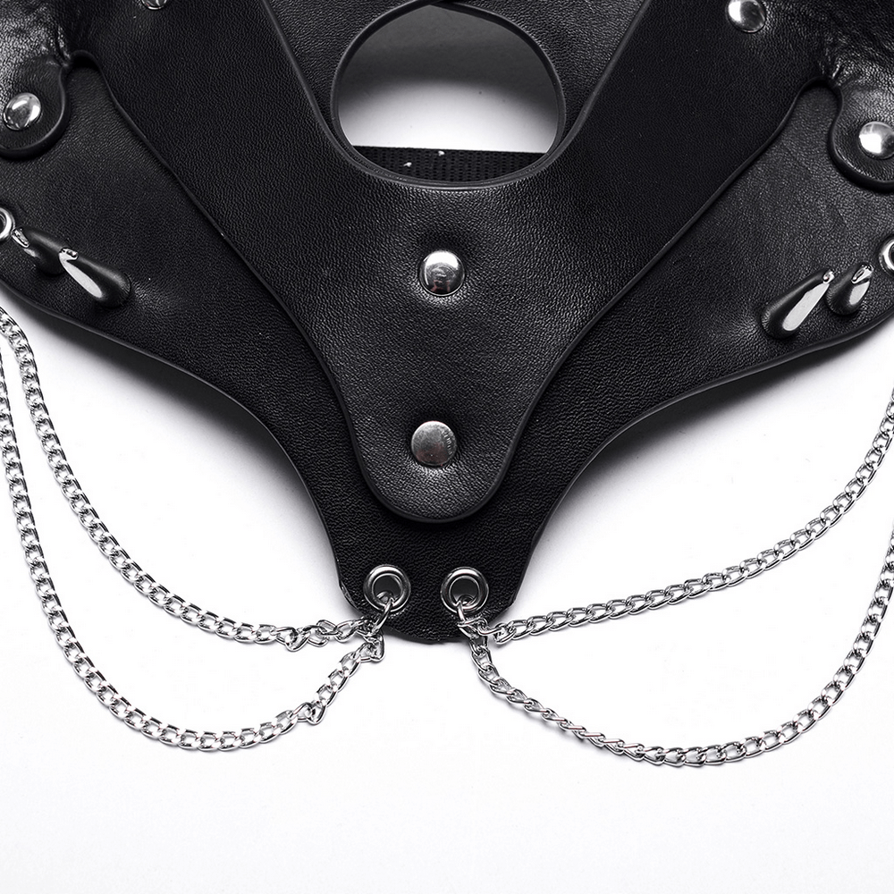 Black Faux Leather Fox Mask with Studs and Chains