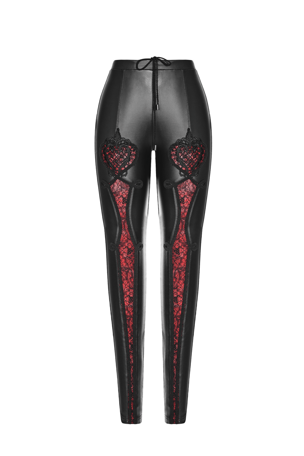 Black Faux Leather Leggings with Red Lace Detail
