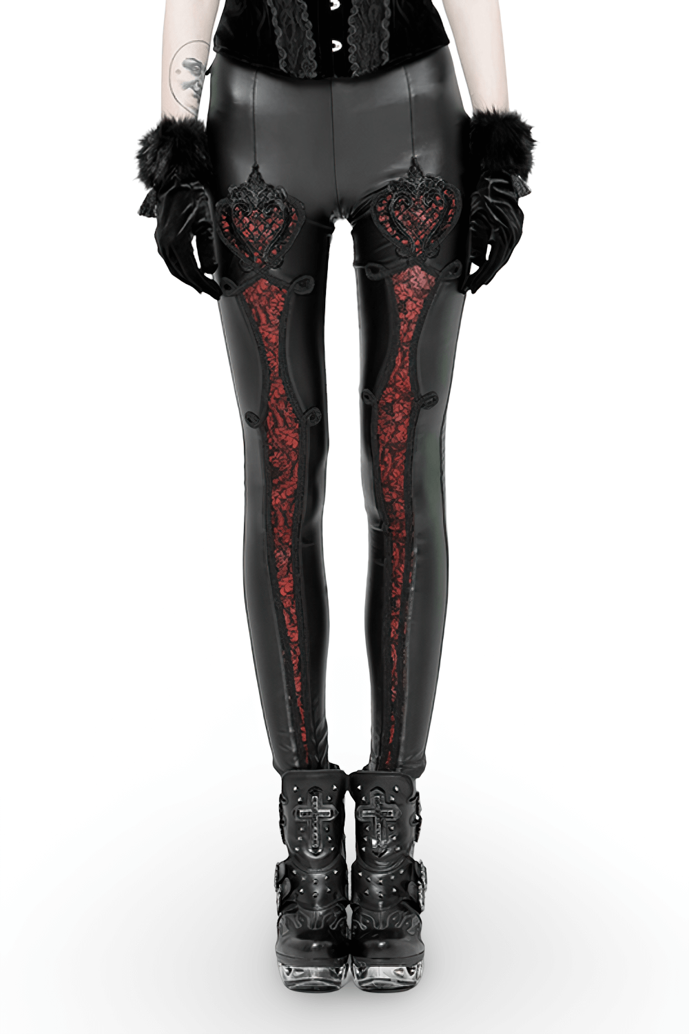 Black Faux Leather Leggings with Red Lace Detail