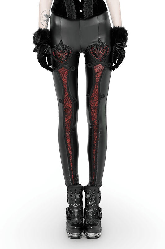 Black Faux Leather Leggings with Red Lace Detail