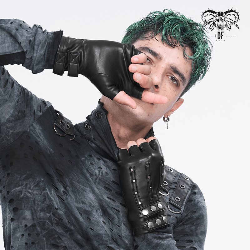 Black Faux Leather Motorcycle Gloves with Protective Studs