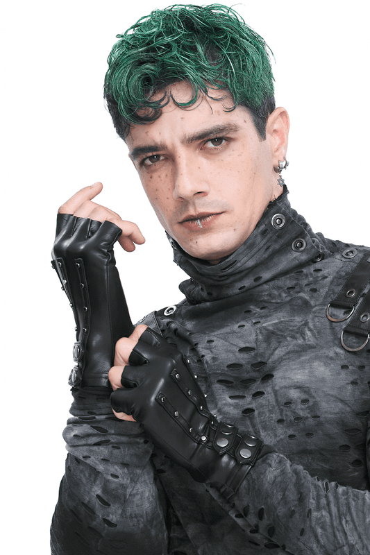 Black Faux Leather Motorcycle Gloves with Protective Studs