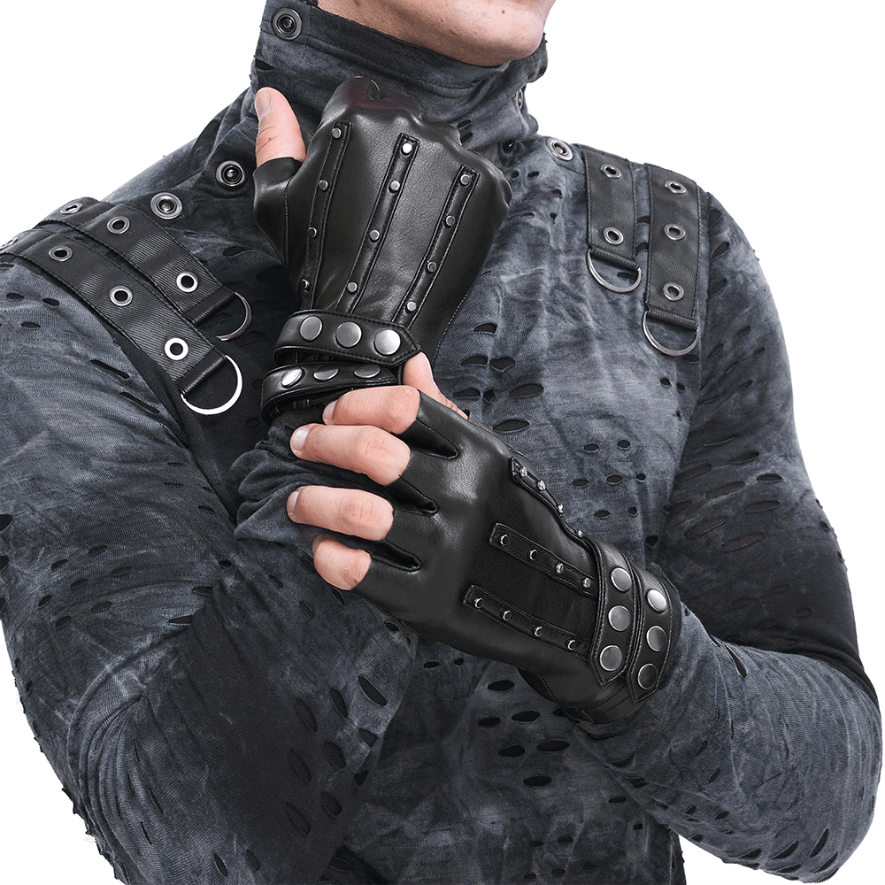 Black Faux Leather Motorcycle Gloves with Protective Studs