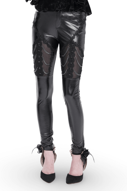 Black Faux Leather Pants with Chains and Sequin Details